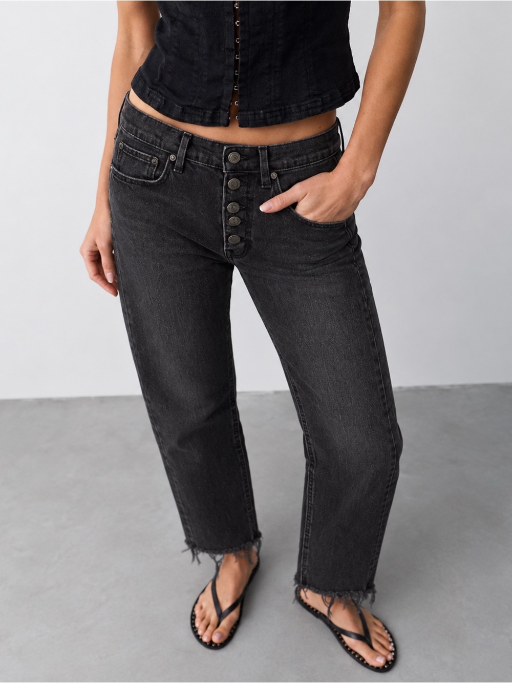 MOTHER Pixie Dazzler Ankle Fray Jeans 27 Not Guilty Black High Rise Button Fly